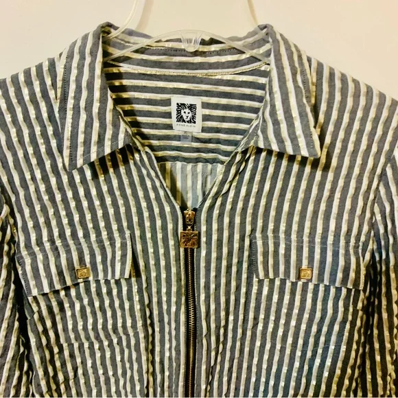 Anne Klein Metallic Gold Gray Striped Zip Front Blouse 3/4 Sleeve Top - XL - Picture 5 of 9